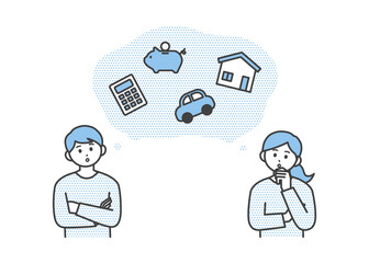 若い男性と女性が将来のお金について悩んでいるイラスト素材