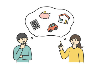 若い男性と女性が将来のお金について考えているイラスト素材