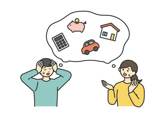 若い男性と女性が将来のお金について悩んでいるイラスト素材