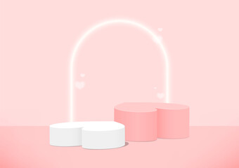 Pedestal podium heart shape with neon lighting arch for product display on Peach pink background. Vector illustration.