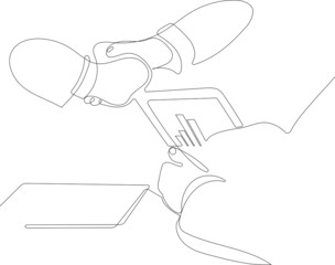 Continuous line drawing of a interview attractive executives man and woman asking questions to applicant about work history. One continuous line is the concept. Vector illustration