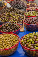 Portrait view of olives for sale at a Greek market