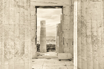 Looking through the ruins at the Acropolis in Sepia, Greece