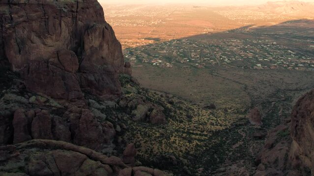Floating Aerial in Arizona Desert Canyon with Rural Neighborhoods