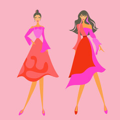 Fototapeta na wymiar Red pink dress for twins girl