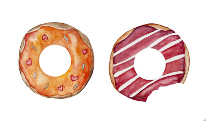 Hand-painted watercolor donuts on a white background.