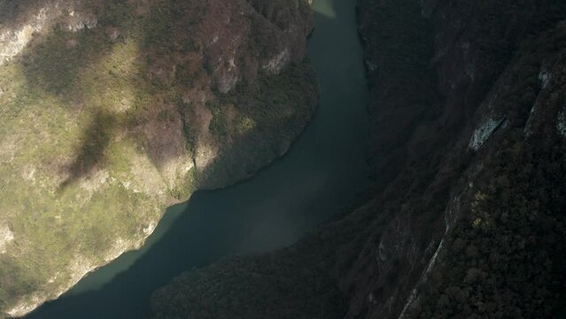 Top View Of Grijalva River In Sumidero Canyon National Park In Chiapas State, Southern Mexico. Aerial Drone