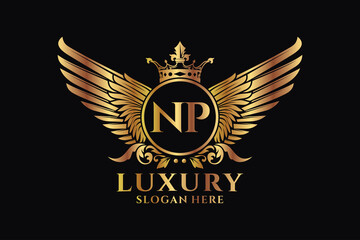 Luxury royal wing Letter NP crest Gold color Logo vector, Victory logo, crest logo, wing logo, vector logo template. © Monk