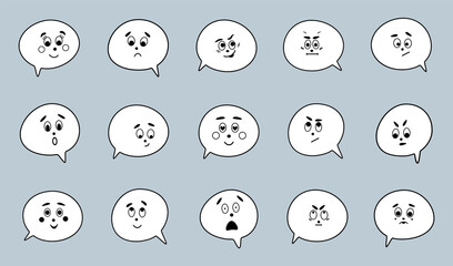 Set of comic speech bubbles with different emotions in doodle style. Vector thinking clouds with cartoon face for social media templates,chatting,messages.Emoji.Isolated element on grey background.