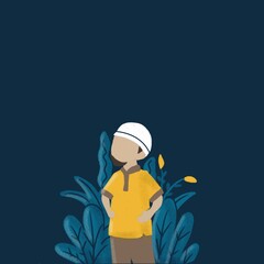 Islamic illustration islamic boy with flat floral background