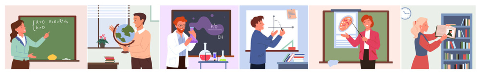 School lesson with teacher in classroom set vector illustration. Cartoon female and male teacher or professor teaching math, chemistry, biology or literature near class board. Education concept