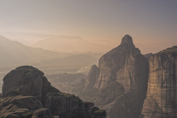 Looking across the rock formations in Meteora at dusk, Greece