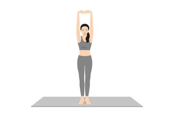Palm Tree Pose, Upward Hand Stretch Pose, Upward Salute, Raised Hands Pose, Tadasana Urdhva Baddhanguliyasana, Urdhva Hastasana. Beautiful girl practice Urdhva Hastasana. Young attractive woman