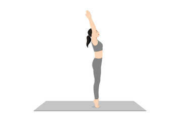 Palm Tree Pose on Tiptoes. Beautiful girl practice Urdhva Hastasana on Tiptoes. Young attractive woman practicing yoga exercise. working out, black wearing sportswear, grey pants and top, indoor full 