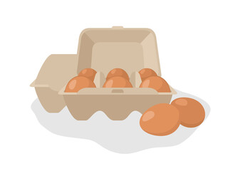Flat illustration of carton packaging for eggs. Illustration of a composition with an open package of six eggs and eggs lying separately. Packaging, a useful product. Vector on white background.