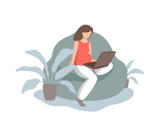 Pregnant woman at her laptop. Remote work and training, social networking and video communication, remote meetings and conferences. Flat vector illustration.