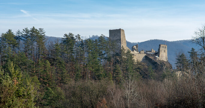 Ruins of medieval gothic castle Reviste. Revistske Podzamcie castle. Slovakia.