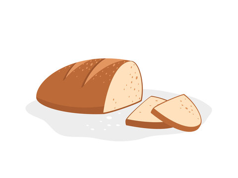 Flat drawing of bread cut into pieces. Breakfast, homemade cakes, bakery, fresh bread. Recipes for homemade delicious bread. Vector illustration on white background.