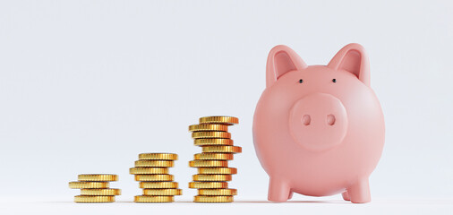 Golden coins stacking and pink piggy save money on white background for deposit and financial saving growth concept by 3d render.