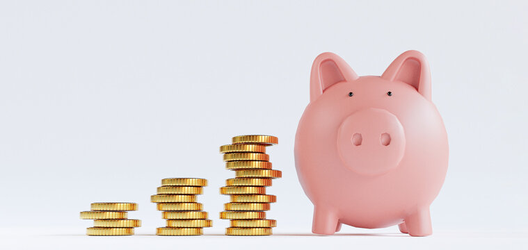 Golden coins stacking and pink piggy save money on white background for deposit and financial saving growth concept by 3d render.