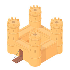 cartoon isometric medieval castle with towers and gates, vector illustration