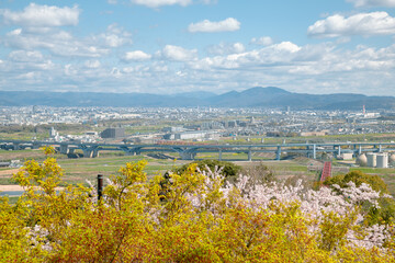Panoramic view of Kyoto Yawata city at spring in Japan