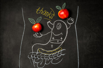 Good digestion concept. A funny stomach drawn on a chalk board next to apples and gingerbread.