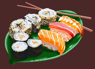 Drawing japanese-sushi, seafood, in roll,fresh fish, art.illustration, vector