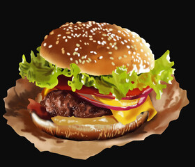 Drawing hamburger, fast food, healthy, art.illustration, vector