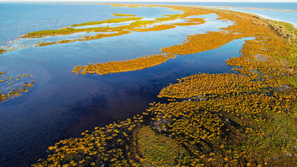 Aerial view over Sacalin Island from Danube Delta in Romania. Amazing landmark of Romania.
