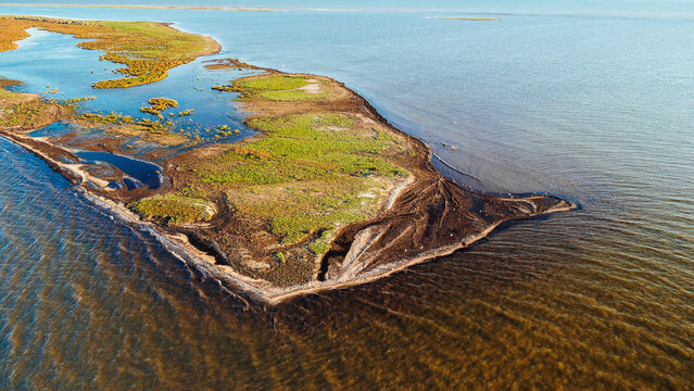 Aerial view over Sacalin Island from Danube Delta in Romania. Amazing landmark of Romania.