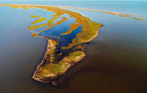 Aerial view over Sacalin Island from Danube Delta in Romania. Amazing landmark of Romania.