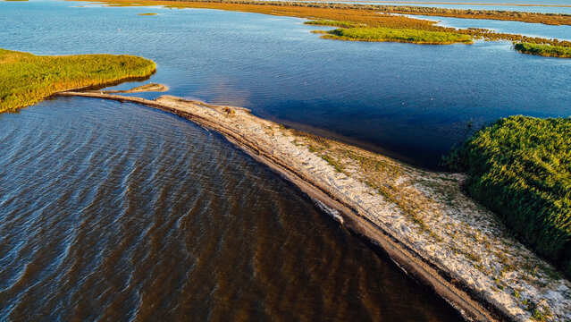Aerial view over Sacalin Island from Danube Delta in Romania. Amazing landmark of Romania.