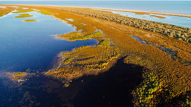 Aerial view over Sacalin Island from Danube Delta in Romania. Amazing landmark of Romania.