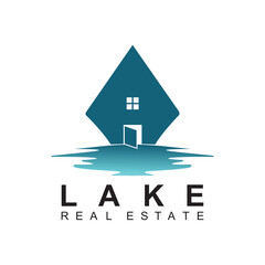 Lake home real estate logo illustration. Home beach holiday nature symbol. Resort village reflection