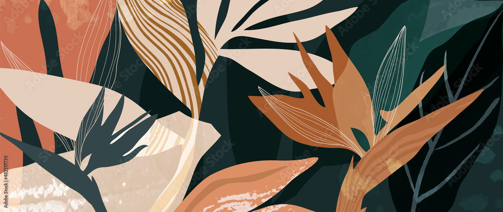 Wall mural tropical foliage art background vector.digital print design with palm, floral and leaves with waterc
