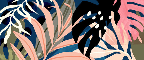 Tropischer Laubkunst-Hintergrundvektor. Digitaldruckdesign mit Palmen, Blumen und Blättern mit Aquarellpinselstruktur. Leinwandkunst für Tapeten, Wandkunst, Drucke, Stoffe, Muster und Verpackungen.