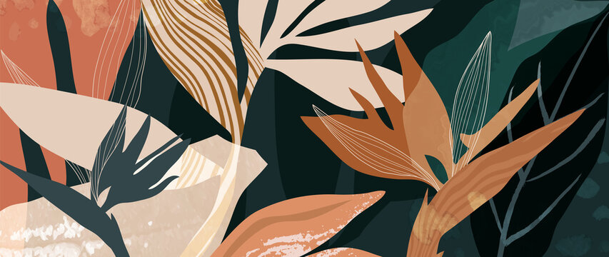 Tropical foliage art background vector.Digital print design with palm, floral and leaves with watercolor brush texture. Canvas art for wallpaper, wall arts, prints, fabric, pattern and packaging.
