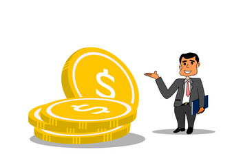 3D illustration of a smiling man holding a financial file and standing next to a large pile of gold coins. cartoon businessman successful investors Financial advisor, savings concept