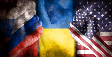 It combines the Ukrainian flag, the American flag, the Russian flag and the fist, tells the concept...