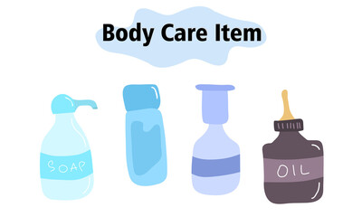 Items and elements for body care. Bathroom items, liquid soap with a dispenser and shampoo, hair oil or serum. In a color style. Vector illustration.