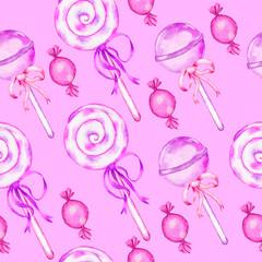 Watercolor hand drawn seamless pattern with pastel pink lollipop candies sweets had sugar cotton candy caramel. Sweet dessert food for girl birthday party. Print for wrapping paper textile.