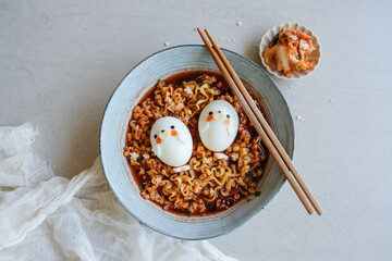 Homemade Korean cuisine. Korean Spcy Stew Noodles with Kimchi & Eggs. During the Covid-19 pandemic lockdown, best thing to do is stay home and cook more nutritious food for the family to eat