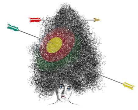 A woman with strange hair is targeted with arrows and ridicule for daring to be different in this 3-d illustration.