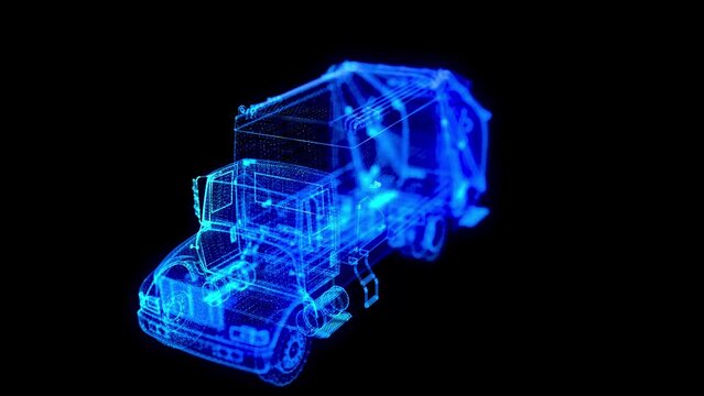 Garbage truck with frontal loader. Collection and transportation of solid household and commercial waste. Blue particles and lines form 3d model garbage truck.