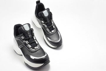 Zapatos deportivos negros y gris sobre un fondo blanco. Calzado para hacer ejercicio, entrenar o caminar, espacio para texto al lado derecho, vista superior.