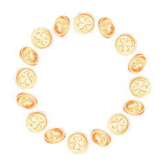 A circle of gold coins. St. Patrick's Day.Watercolor illustration.Isolated on a white background