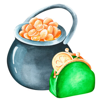 A pot of gold and a purse. St. Patrick's Day. Watercolor illustration.Isolated on a white background