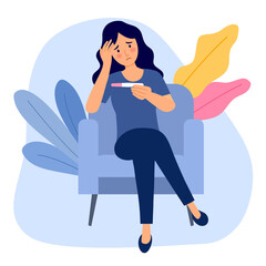 Sad woman looking at pregnancy test and worrying about positive result in flat design. You are pregnant concept vector illustration.