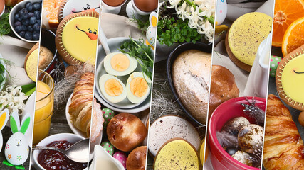 Collage made of colorfull Easter breakfast.